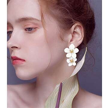 ANDPAI Unique Handmade Bohemian Large Matte Double Yellow Flower Dangle Drop Earrings White Metal floral Stud Earrings For Women Statement Wedding Holiday Jewelry Gifts (White)