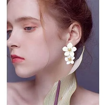 ANDPAI Unique Handmade Bohemian Large Matte Double Yellow Flower Dangle Drop Earrings White Metal floral Stud Earrings For Women Statement Wedding Holiday Jewelry Gifts (White)