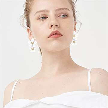 ANDPAI Unique Handmade Bohemian Large Matte Double Yellow Flower Dangle Drop Earrings White Metal floral Stud Earrings For Women Statement Wedding Holiday Jewelry Gifts (White)