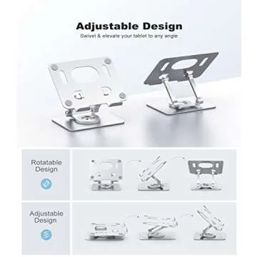 JOIOT Tablet Stand, Swivel Tablet Stand with 360 Rotating Base, Adjustable Tablet Holder for Drawing, Compatible with iPad Pro/Air/Mini and More (Silver)