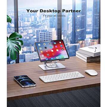 JOIOT Tablet Stand, Swivel Tablet Stand with 360 Rotating Base, Adjustable Tablet Holder for Drawing, Compatible with iPad Pro/Air/Mini and More (Silver)