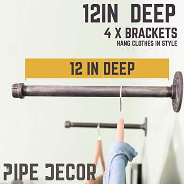 PIPE DECOR Industrial Pipe Wall Mounted Clothing Rack, Commercial or Residential Wardrobe Clothes Display, Heavy Duty Rustic Vintage Steel Grey Black Metal Garment Bracket Frame, 4 X 12" Brackets