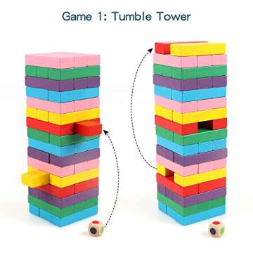 Canuan Wooden Blocks Stacking Games, 48PCS Tumbling Stacking Blocks Game for Kids and Families, Wood Colorful Balancing Blocks Montessori Toys for Kids with Storage Bag