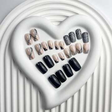 Square Press on Nails Short Black Fake Nails Silver False Nails Gold Swirl Stick on Nails Glitter Ac...