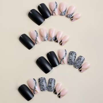 Square Press on Nails Short Black Fake Nails Silver False Nails Gold Swirl Stick on Nails Glitter Acrylic Nails Artificial Full Cover Nude Glue on Nails for Women Girls Daily Wear Manicure 24PCS…
