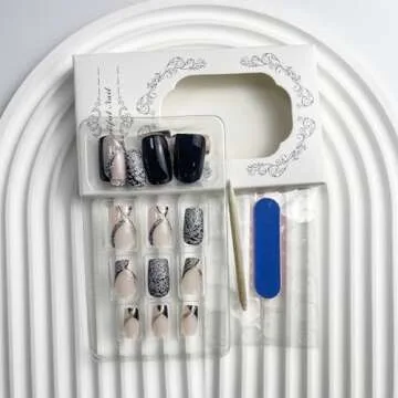 Square Press on Nails Short Black Fake Nails Silver False Nails Gold Swirl Stick on Nails Glitter Acrylic Nails Artificial Full Cover Nude Glue on Nails for Women Girls Daily Wear Manicure 24PCS…