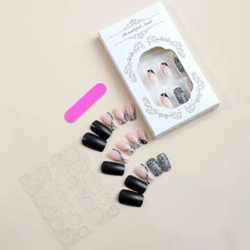 Square Press on Nails Short Black Fake Nails Silver False Nails Gold Swirl Stick on Nails Glitter Acrylic Nails Artificial Full Cover Nude Glue on Nails for Women Girls Daily Wear Manicure 24PCS…