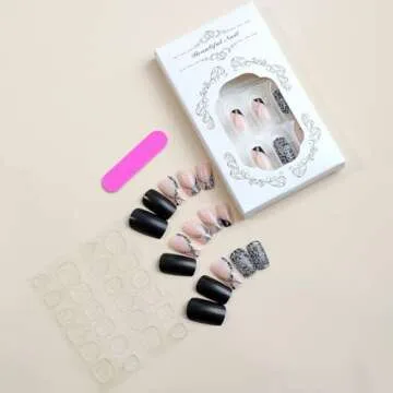 Square Press on Nails Short Black Fake Nails Silver False Nails Gold Swirl Stick on Nails Glitter Acrylic Nails Artificial Full Cover Nude Glue on Nails for Women Girls Daily Wear Manicure 24PCS…