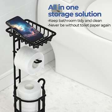 TreeLen Toilet Paper Holder Stand Tissue Paper Roll Dispenser with Shelf for Bathroom Storage Holds Reserve Mega Rolls-Matte Black