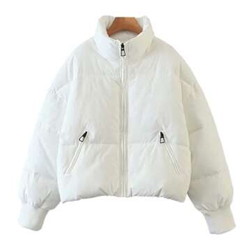 AMEBELLE Women Winter Thermal Baggy Stand Collar Full Zip Puffer Down Coats Jacket(0436-White-S)