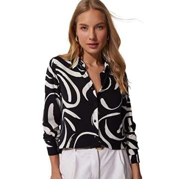 Blouses for Women Fashion, Casual Long Sleeve Button Down Shirts Tops, XS-3XL (Brush Black, Medium)