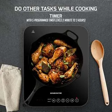 OVENTE Electric Induction Single Burner, 1800W Portable Cooktop with 7.4 Inch Ceramic Hot Plate, 8 Temperature Settings, 5 Timer Levels, LED Digital Display Panel & Auto Shut-Off Function, Black BG61B