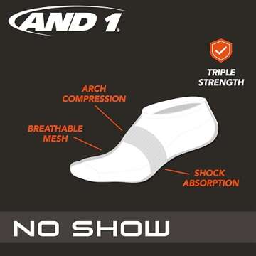 AND1 Men's No Show Socks - 12 Pack Performance Stretch Athletic Compression Socks for Men - Sports L...