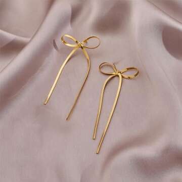 CUFELMU Long Chain Bow Drop Earrings for Women Gold Bowknot Tassel Dangle Earrings Fashion Bow Jewelry