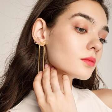 CUFELMU Long Chain Bow Drop Earrings for Women Gold Bowknot Tassel Dangle Earrings Fashion Bow Jewelry