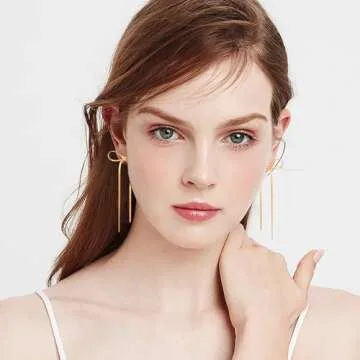 CUFELMU Long Chain Bow Drop Earrings for Women Gold Bowknot Tassel Dangle Earrings Fashion Bow Jewelry