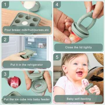 Baby Fruit Food Feeder Breastmilk Popsicle Molds, Silicone Baby Food Freezer Tray for Cooling Teething Relief, Baby Food Feeder for Safe Infant Self Feeding, Includes 3 Extra Food Pacifier