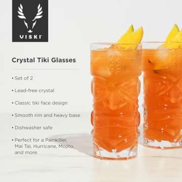 Viski Pacific Tropical Tiki Glasses Set of 2 - Premium Crystal Clear Glass Tumbler for Cocktails