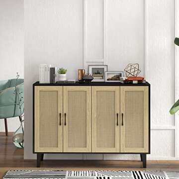 Panana Buffet Storage Cabinet with Rattan Decorating 4 Doors Living Room Kitchen Sideboard 48.43 x 34.65 x 15 inch (Black)