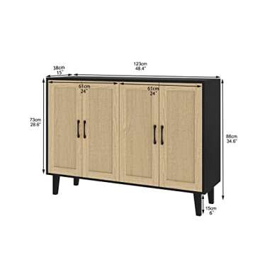 Panana Buffet Storage Cabinet with Rattan Decorating 4 Doors Living Room Kitchen Sideboard 48.43 x 34.65 x 15 inch (Black)
