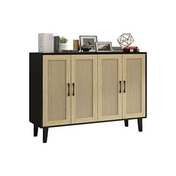 Panana Buffet Storage Cabinet with Rattan Decorating 4 Doors Living Room Kitchen Sideboard 48.43 x 34.65 x 15 inch (Black)