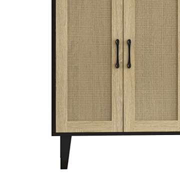 Panana Buffet Storage Cabinet with Rattan Decorating 4 Doors Living Room Kitchen Sideboard 48.43 x 34.65 x 15 inch (Black)