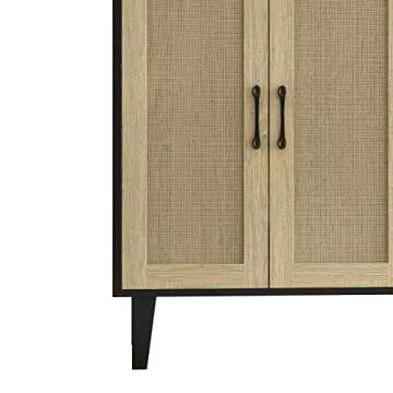 Panana Buffet Storage Cabinet with Rattan Decorating 4 Doors Living Room Kitchen Sideboard 48.43 x 34.65 x 15 inch (Black)