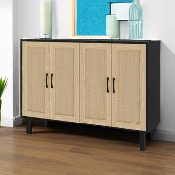 Panana Buffet Storage Cabinet with Rattan Decorating 4 Doors Living Room Kitchen Sideboard 48.43 x 34.65 x 15 inch (Black)