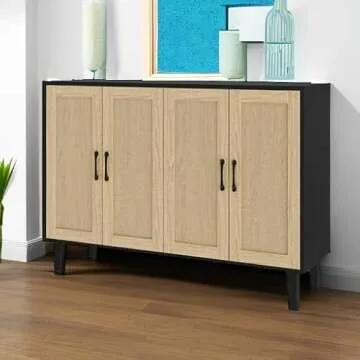 Panana Buffet Storage Cabinet with Rattan Decorating 4 Doors Living Room Kitchen Sideboard 48.43 x 34.65 x 15 inch (Black)