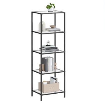 VASAGLE Bookcase, 5-Tier Bookshelf, Slim Shelving Unit for Bedroom, Bathroom, Home Office, Tempered ...