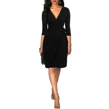 Berydress Women's Sexy Deep V-Neck 3/4 Sleeve Draped Belted Sheath Nightout Party Work Faux Wrap Dress (S, 6083-Black)