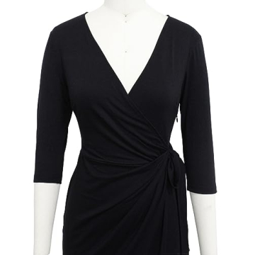 Berydress Women's Sexy Deep V-Neck 3/4 Sleeve Draped Belted Sheath Nightout Party Work Faux Wrap Dress (S, 6083-Black)