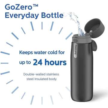 PHILIPS Filtered Water Bottle, Insulated Stainless Steel Water Purifier Bottle for Daily Life & Travel, BPA Free with GoZero Everyday Filter for Cleaner & Tastier Tap Water, Keeps Cold, 32 oz Gray