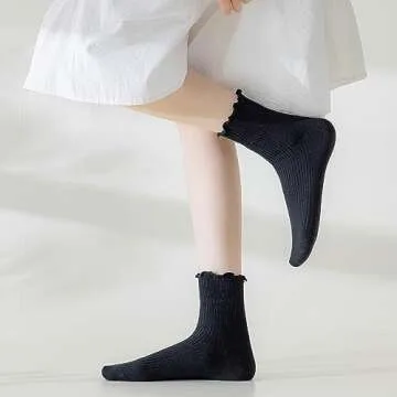 Mcool Mary Women's Ruffle Socks Casual Ankle Cute Socks Knit Cotton Comfy Frilly Black Crew Socks for Women 6 Pack