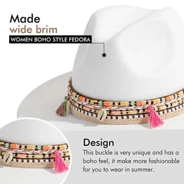 Gossifan Women's Felt Fedora Hat Wide Brim Panama Hats with Tassel-White