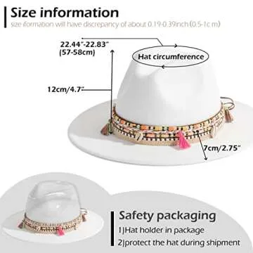 Gossifan Women's Felt Fedora Hat Wide Brim Panama Hats with Tassel-White
