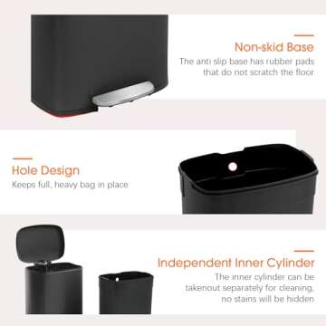 FDW Kitchen Trash Can with Lid for Office Bedroom Bathroom Step Trash Bin Fingerprint-Proof Garbage Bin Brushed Stainless Steel 13 Gallon (Black)