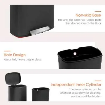 FDW Kitchen Trash Can with Lid for Office Bedroom Bathroom Step Trash Bin Fingerprint-Proof Garbage Bin Brushed Stainless Steel 13 Gallon (Black)