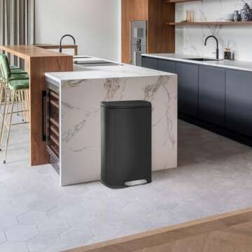 FDW Kitchen Trash Can with Lid for Office Bedroom Bathroom Step Trash Bin Fingerprint-Proof Garbage Bin Brushed Stainless Steel 13 Gallon (Black)