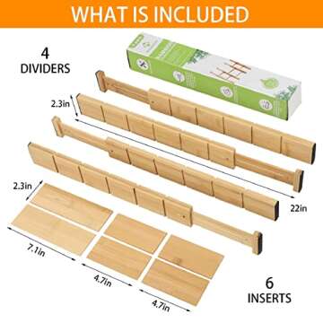 Bamboo Drawer Dividers with 6 Inserts, Expandable Drawer Organizer, Spring Loaded Adjustable Kitchen Drawer Organizer for Clothes Silverware Knife Utensil, Drawer Separators 4-Pack (17-22 inch)
