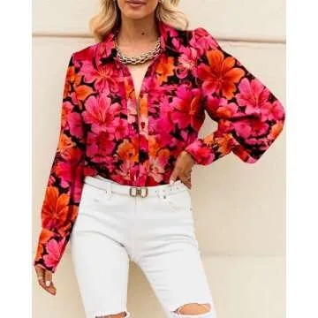 BTFBM Women Fashion Button Down Shirts Lapel V Neck Printed Solid Boho Long Sleeve Blouses Dressy Casual Summer Fall Top(Floral Red, Small)