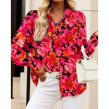 BTFBM Women Fashion Button Down Shirts Lapel V Neck Printed Solid Boho Long Sleeve Blouses Dressy Casual Summer Fall Top(Floral Red, Small)