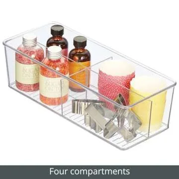 mDesign Plastic Kitchen Cabinet Storage Organizer Bin Box - 4 Divided Sections for Pantry Shelves, Countertops, Island, or Cupboard - Holds Snacks, Tea Bags, Spices, Sauces, Ligne Collection, Clear