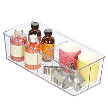 mDesign Plastic Kitchen Cabinet Storage Organizer Bin Box - 4 Divided Sections for Pantry Shelves, Countertops, Island, or Cupboard - Holds Snacks, Tea Bags, Spices, Sauces, Ligne Collection, Clear