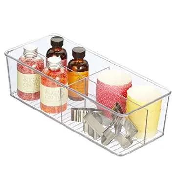 mDesign Plastic Kitchen Cabinet Storage Organizer Bin Box - 4 Divided Sections for Pantry Shelves, Countertops, Island, or Cupboard - Holds Snacks, Tea Bags, Spices, Sauces, Ligne Collection, Clear