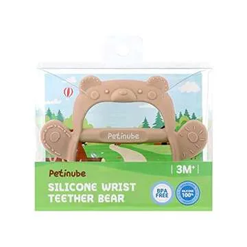 PETINUBE Baby Wrist Silicone Teether Soothing Pacifier for Infants 3+ Months Babies Pack of 1 Made in Korea Anti-Dropping (Bear-Cozy Beige)