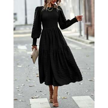 PRETTYGARDEN Women 2024 Puff Long Sleeve Crewneck Smocked Maxi Dress Solid Empire Waist Tiered A-line Swing Flowy Long Dress(Black,Large)