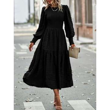 PRETTYGARDEN Women 2024 Puff Long Sleeve Crewneck Smocked Maxi Dress Solid Empire Waist Tiered A-line Swing Flowy Long Dress(Black,Large)