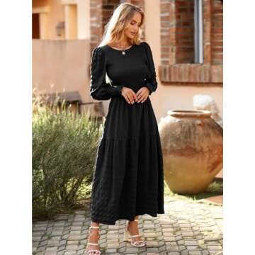 PRETTYGARDEN Women 2024 Puff Long Sleeve Crewneck Smocked Maxi Dress Solid Empire Waist Tiered A-line Swing Flowy Long Dress(Black,Large)