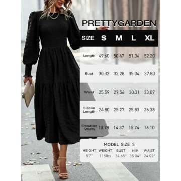 PRETTYGARDEN Women 2024 Puff Long Sleeve Crewneck Smocked Maxi Dress Solid Empire Waist Tiered A-line Swing Flowy Long Dress(Black,Large)